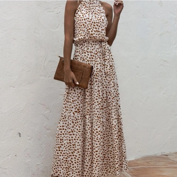 Boho cream brown dot belted halter maxi dress - Picture 3 of 8